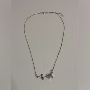 Silver Tulip Bar Necklace | Rhinestone Leaf Floral Pendant